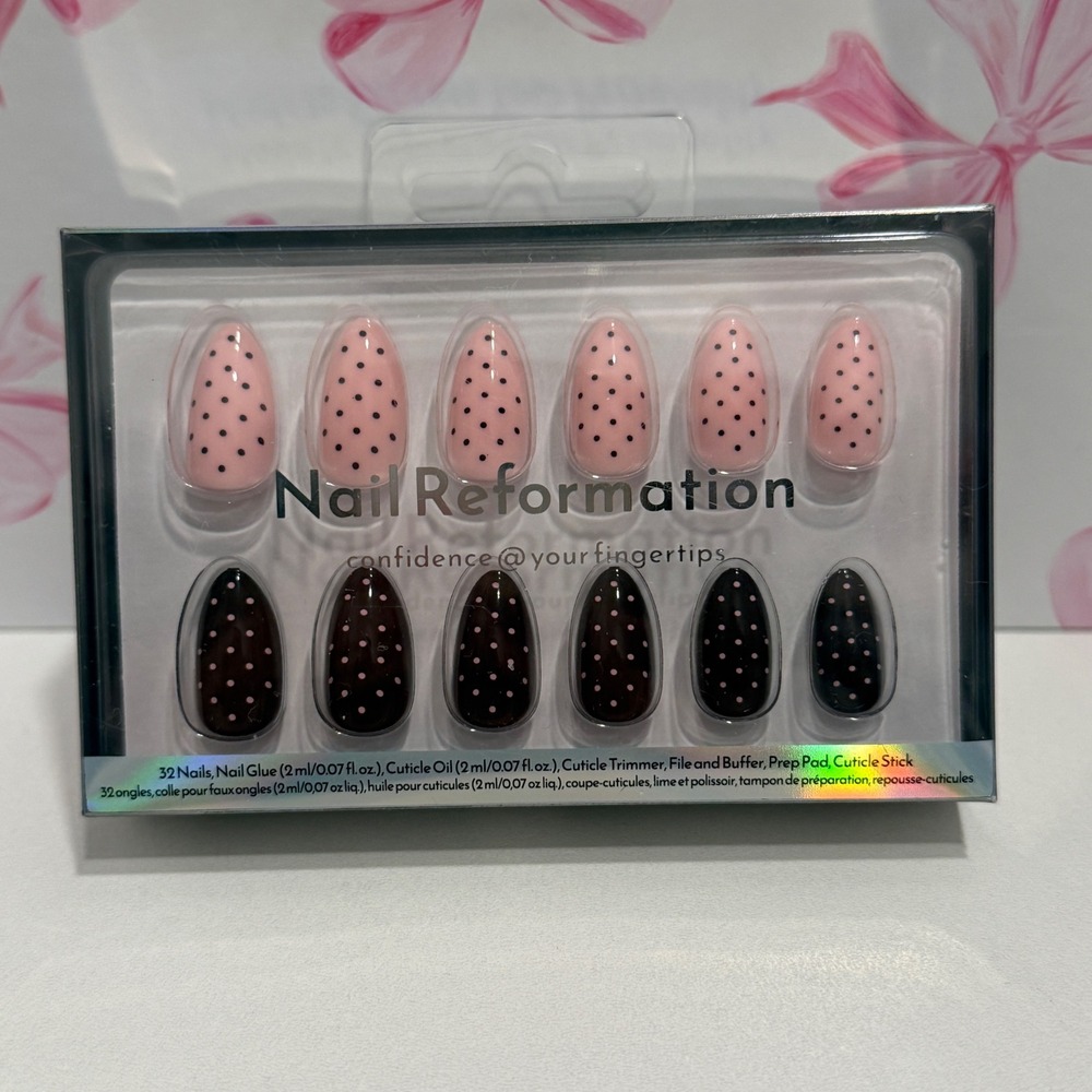 Nail Reformation 32 Press On Nails Kit Polka Dot Pink Brown Almond Shape NEW‎
